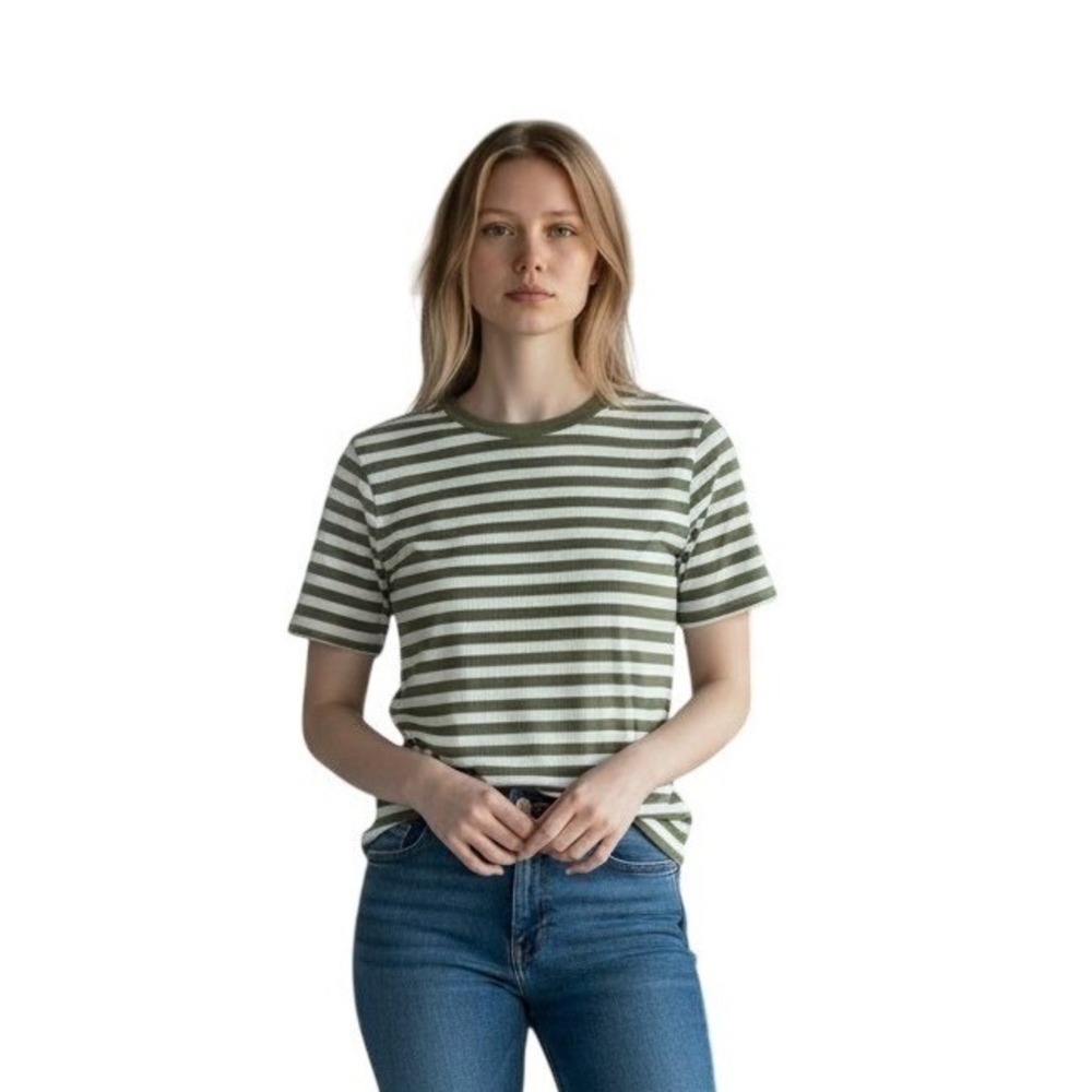 On 34th Womens Ribbed Striped Short Sleeve T-Shirt Olive Green White XS NEW
